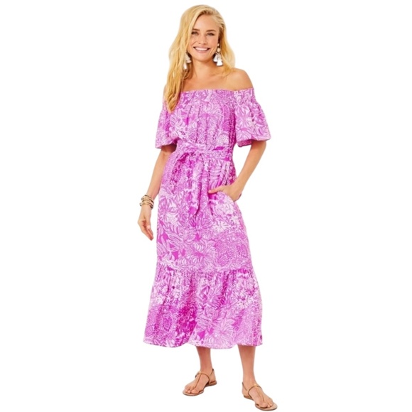 NWT Lilly Pulitzer Isbell linen MIDI Dress Wild Fuchsia Swipe Right size Large - Picture 4 of 9